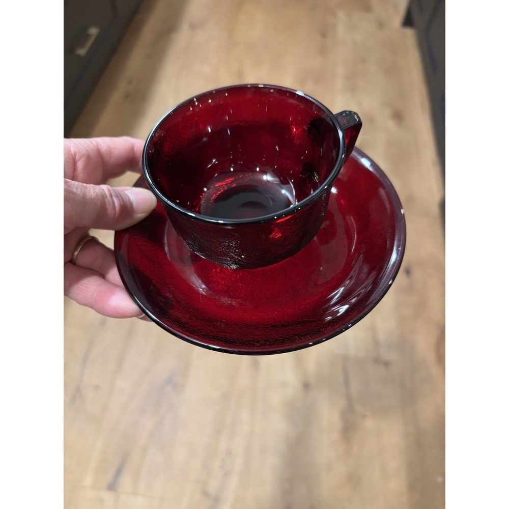 Set of 5 Vintage Arcoroc Sierra ruby red cup and saucer glass collectible